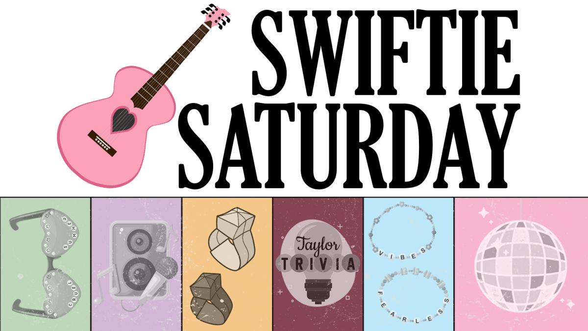 Image reads "Swiftie Saturday" against a white background and a pink guitar is to the left of the title. Under the title are 6 boxes with crafts and activities inside them. From left to right the items are beaded heart sunglasses, a karaoke machine, origami paper rings, Taylor trivia, beaded friendship bracelets, and a disco ball to represent the end of the series "Summer Era Party". 