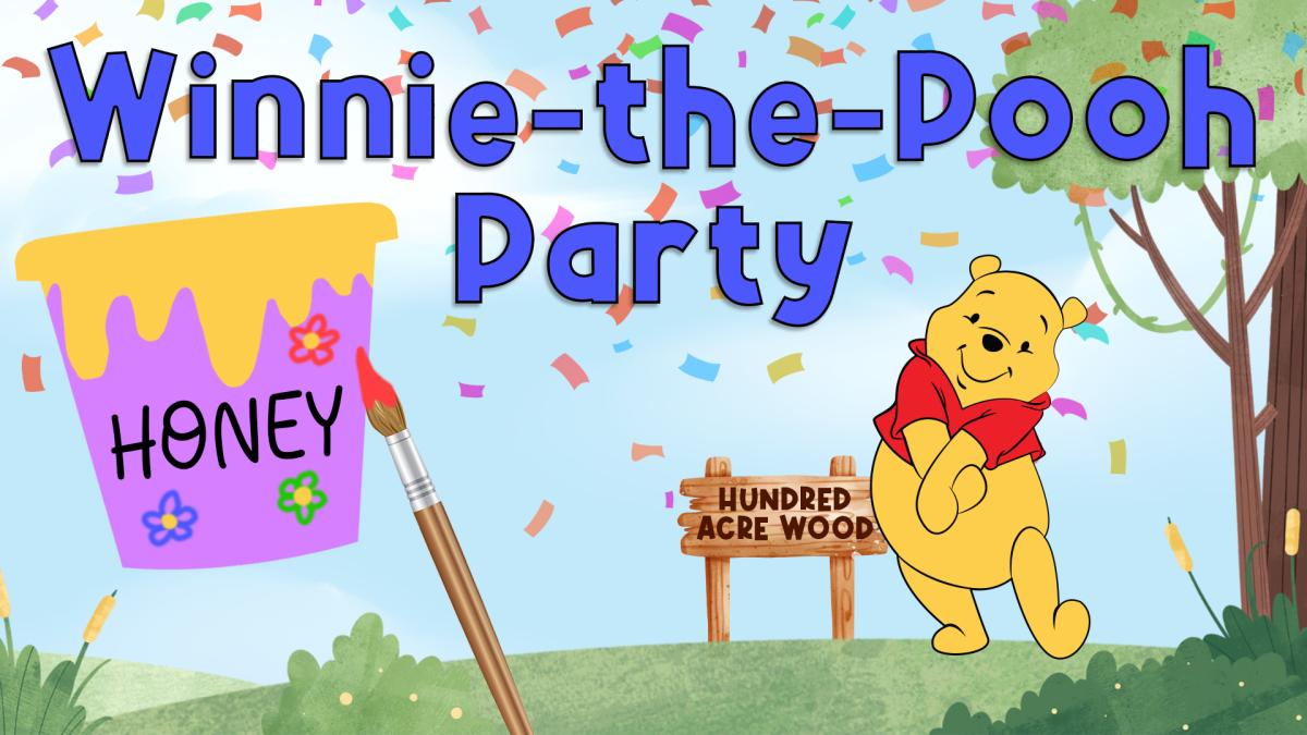 Image reads "Winnie-the-Pooh Party" against a forest background. A painted honey pot is to the left of the title and Winnie-the-Pooh is to the bottom right of the title.