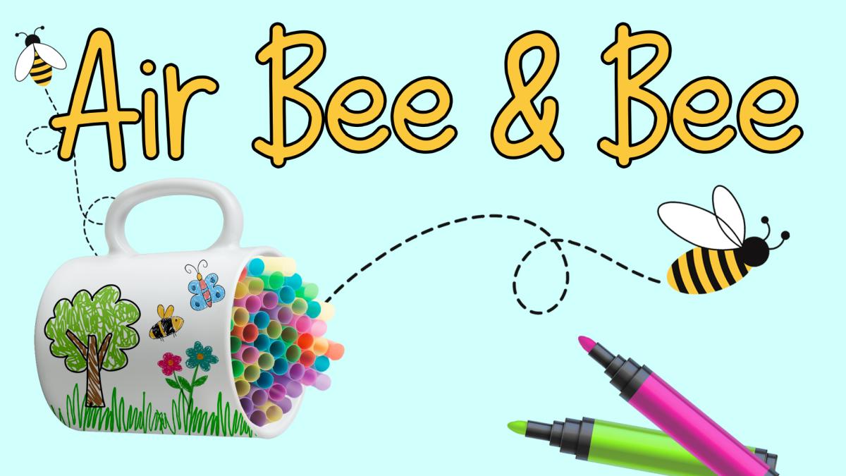 Image reads "Air Bee & Bee" against a blue background. A decorated mug filled with paper straws is to the left of the title. Two bees are scattered among the image. A pink and green marker are under the title.