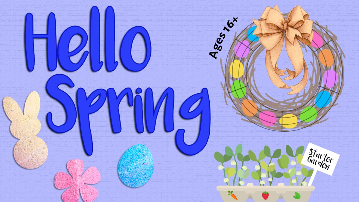 Image reads "Hello Spring" against a purple textured background. There are three bath bombs to the bottom left of the title, one yellow, one pink flower, and one blue egg. To the right of the title is a wreath made of eggs. To the bottom right of the title is a starter garden with seed sprouts sticking out. 