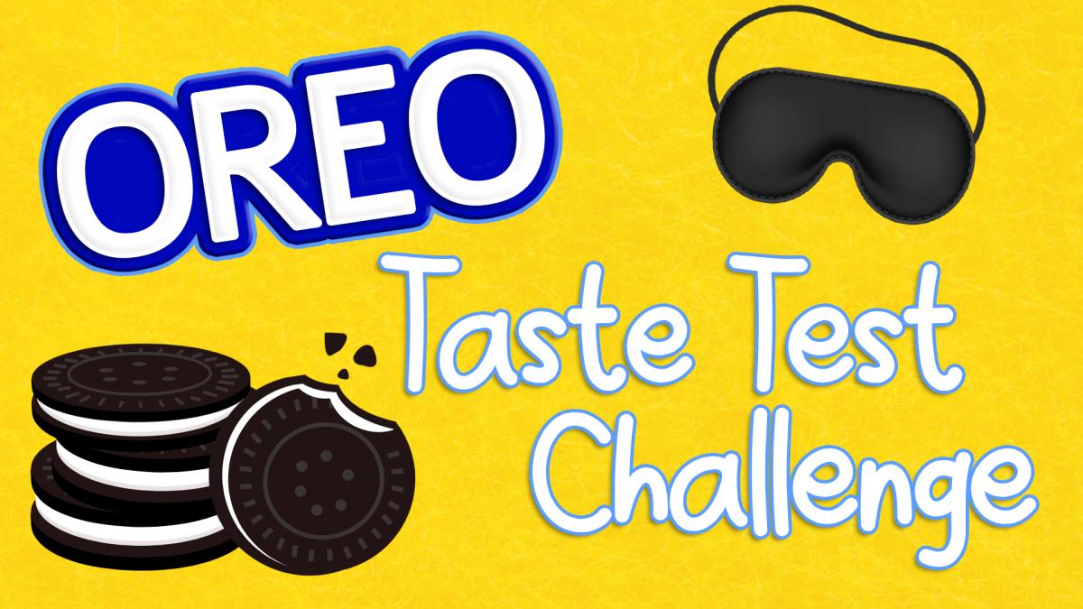 Image reads "Oreo Taste Test Challenge" against a yellow background. To the left of the title are Oreo cookies. To the right of the title is a black blindfold.