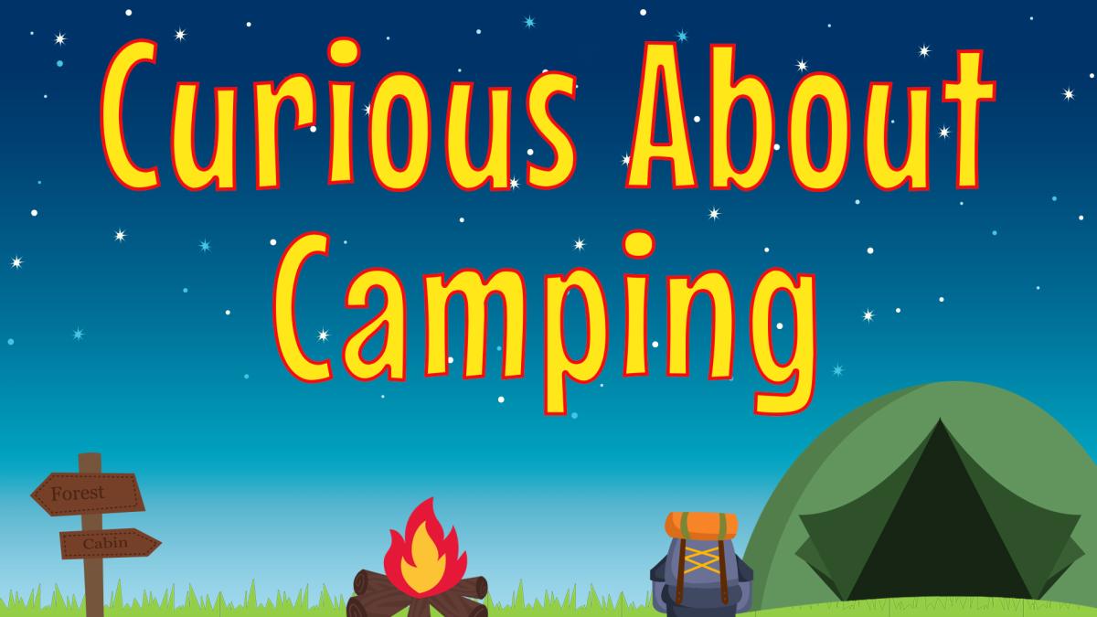 Image shows a campsite at nightttime with the words "Curious About Camping" in yellow over the backdrop of the starlit sky.