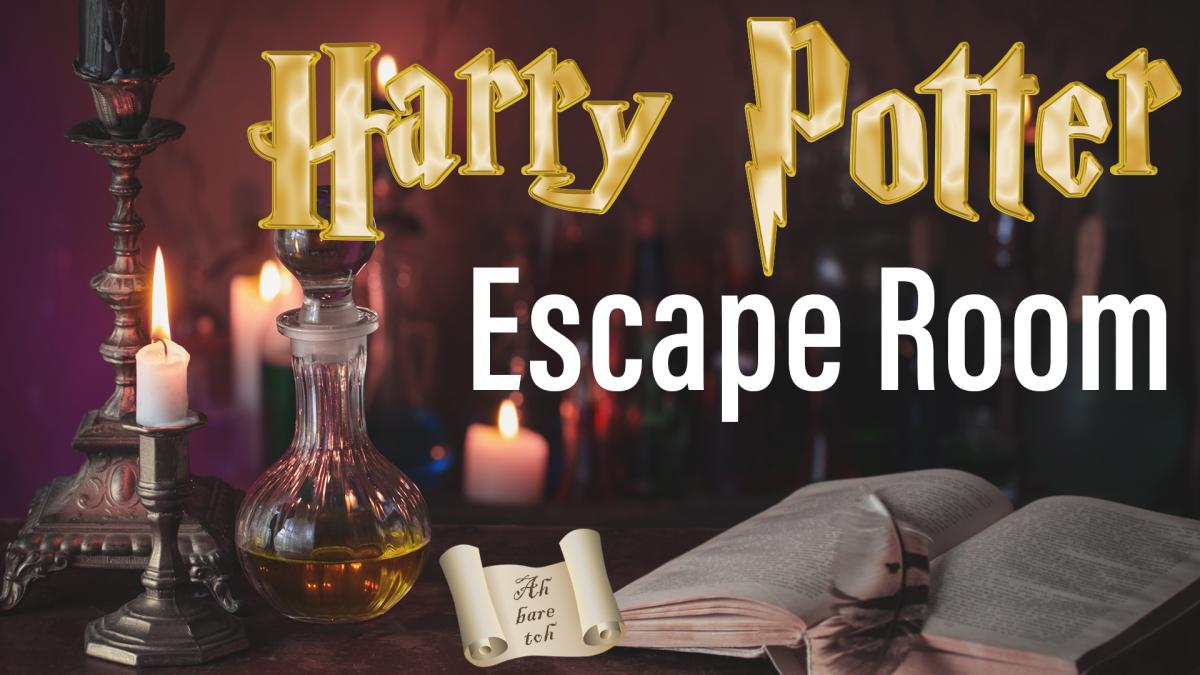 Image reads "Harry Potter Escape Room" against a background with potions and an open book. A scroll is under the title with a spell written on it.