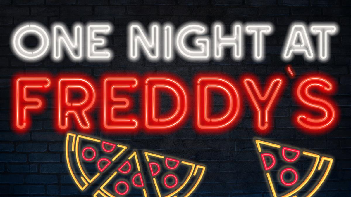 Image reads "One Night at Freddy's" in a neon font against a dark background. Under the title are 4 pieces of pizza with a neon glow around them.