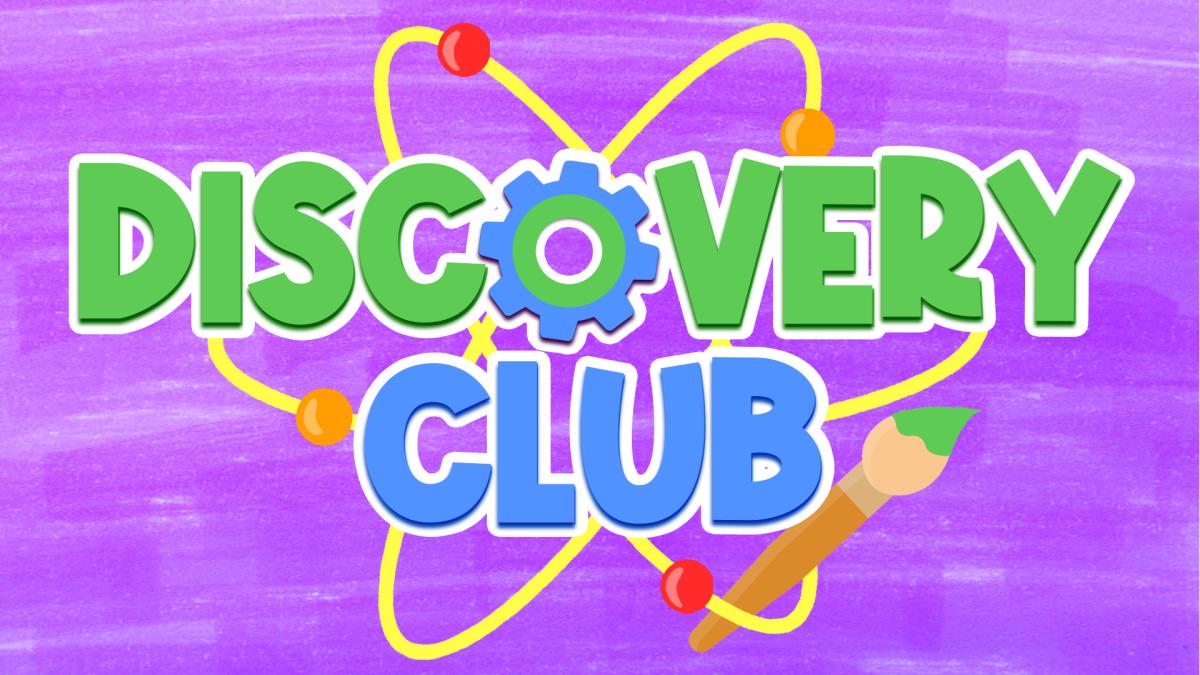 Image reads "Discovery Club" with a gear as the "o" and a model atom behind the title against a purple background.