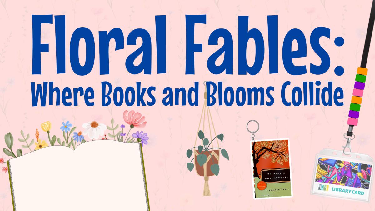 Image reads "Floral Fables: Where Books and Blooms Collide" against a floral background. Under the title are a macrame plant holder, a book cover shrinky dink, an open book with flowers along the top, and a beaded library lanyard.