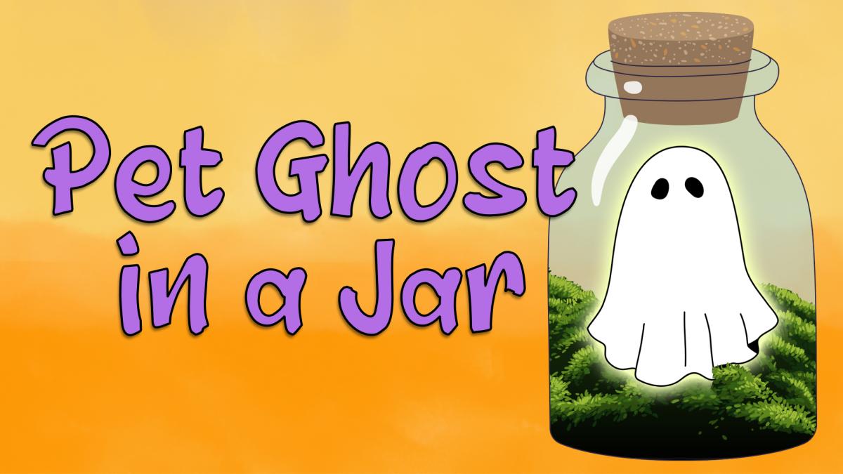 Image reads "Pet Ghost in a Jar" against a yellow to orange gradient background. To the right of the title is a jar with moss and a clay ghost inside.