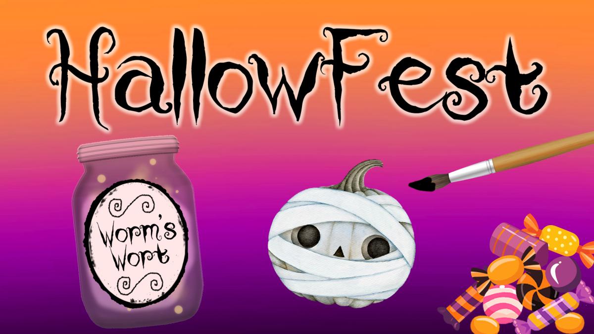 Image reads "HallowFest" against an orange to purple gradient background. Under the title is a spell jar labeled "Worm's Wort", a mummy painted pumpkin, a paintbrush, and a pile of candy.