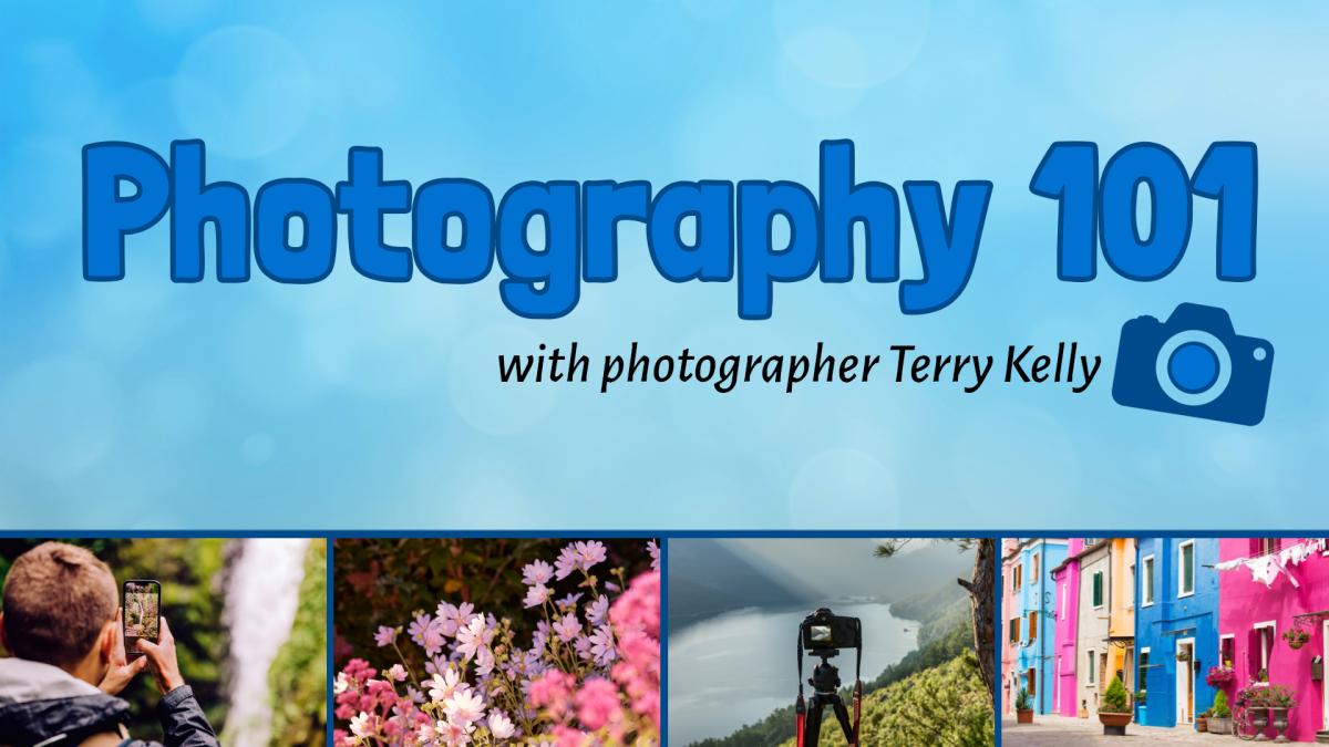Image reads "Photography 101" against a textured background. Under the title are 4 photographs. 